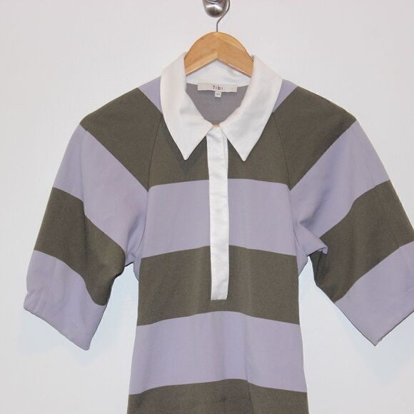 NEW Tibi Mini Dress Women's XS Green Purple Striped Short Sleeve Shirt Dress - Picture 6 of 16